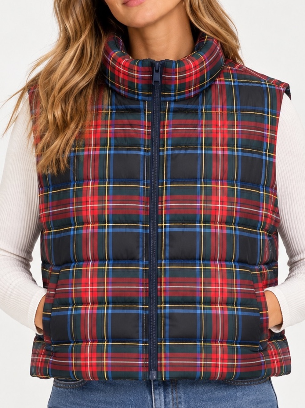 Talbots Plaid Puffer Vest Jacket Medium Quilted Down Blend